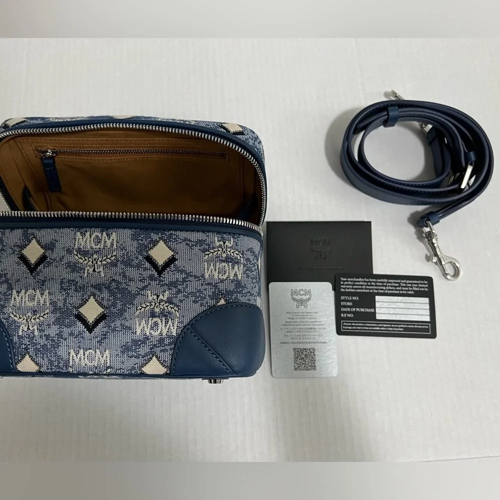 MCM Blue Logo Monogram Crossbody Vanity Case
